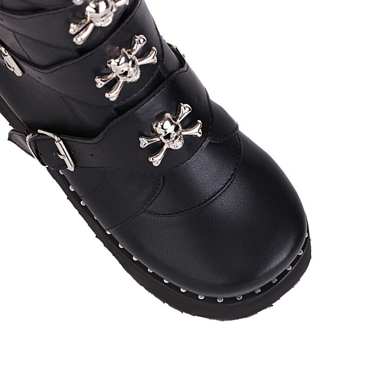 Women Metal Buckle Platform Wedge Heel Mid Calf Boots