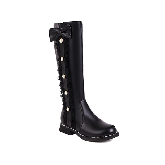 Women Buttons Bow Tie Knee High Side Zippers Knee High Boots