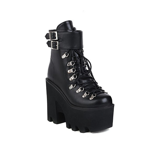 Women Pu Leather Round Toe Metal Rivets Lace Up Buckle Straps Block Chunky Heel Platform Ankle Boots