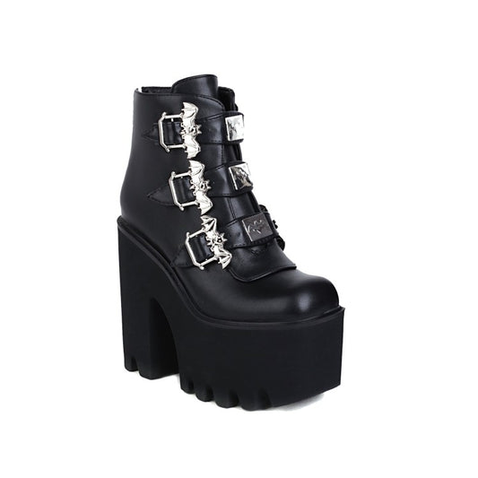 Women Pu Leather Square Toe Metal Rivets Buckle Straps Block Chunky Heel Platform Ankle Boots