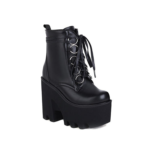 Women Glossy Round Toe Lace Up Block Chunky Heel Platform Ankle Boots