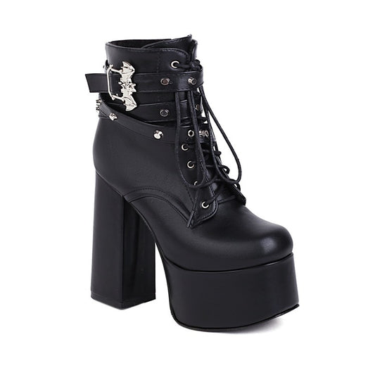 Women Crocodile Pattern Pu Leather Sequins Side Zippers Lace Up Block Chunky Heel Platform Ankle Boots