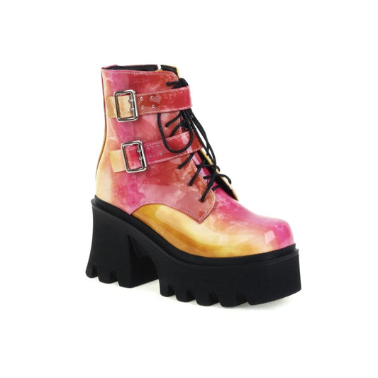 Women Colorful Square Toe Lace Up Buckle Straps Side Zippers Block Chunky Heel Platform Short Boots