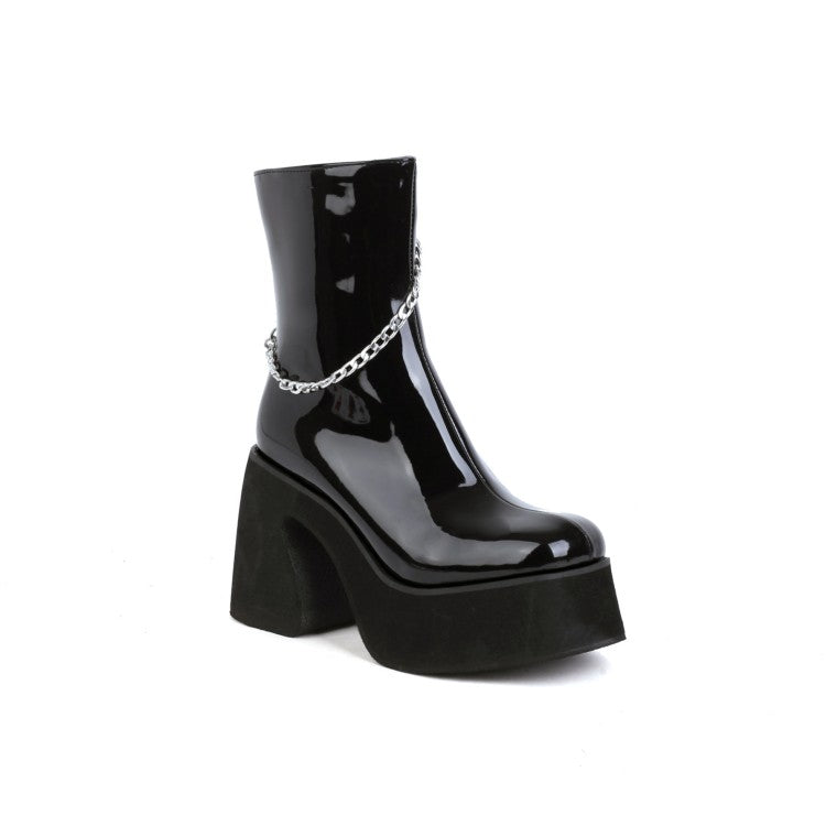 Women Glossy Round Toe Metal Chains Side Zippers Block Chunky Heel Platform Short Boots