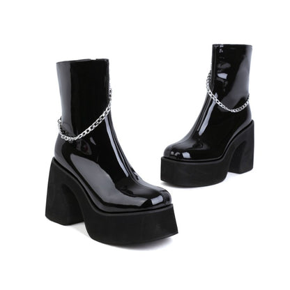 Women Glossy Round Toe Metal Chains Side Zippers Block Chunky Heel Platform Short Boots