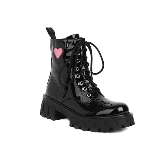 Women Glossy Round Toe Lace Up Love Hearts Block Chunky Heel Platform Short Boots