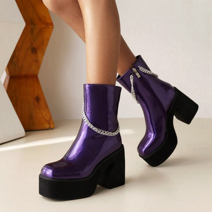 Women Glossy Round Toe Metal Chains Side Zippers Block Chunky Heel Platform Short Boots