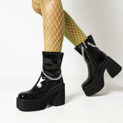 Women Glossy Round Toe Metal Chains Side Zippers Block Chunky Heel Platform Short Boots