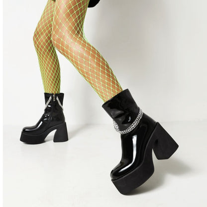Women Glossy Round Toe Metal Chains Side Zippers Block Chunky Heel Platform Short Boots