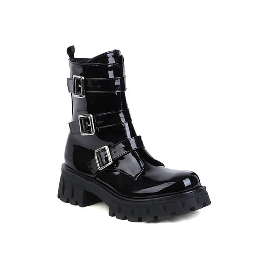 Women Glossy Round Toe Buckle Straps Side Zippers Block Chunky Heel Platform Short Boots