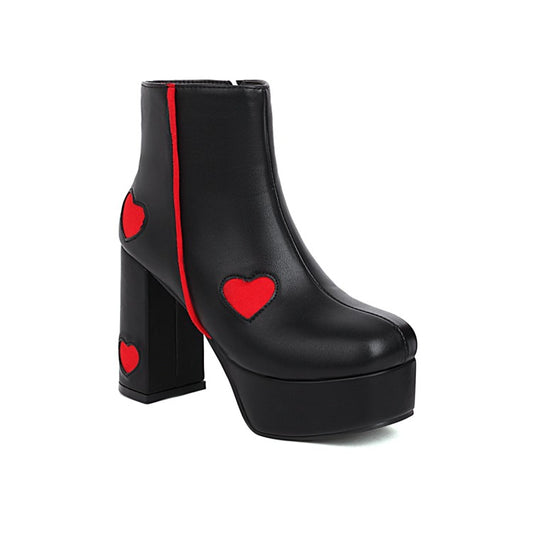 Women Glossy Round Toe Love Hearts Side Zippers Block Chunky Heel Platform Short Boots