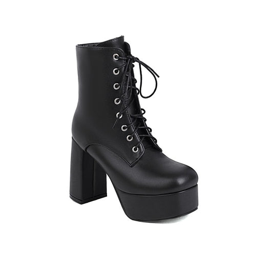 Women Pu Leather Round Toe Lace Up Side Zippers Block Chunky Heel Platform Short Boots