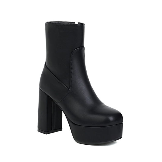 Women Pu Leather Side Zippers Block Chunky Heel Platform Short Boots