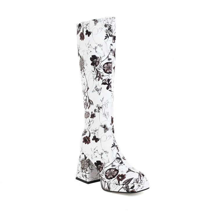 Women Pu Leather Square Toe Flora Printed Block Chunky Heel Platform Knee High Boots