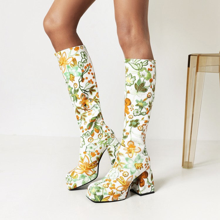 Women Pu Leather Square Toe Flora Printed Block Chunky Heel Platform Knee High Boots