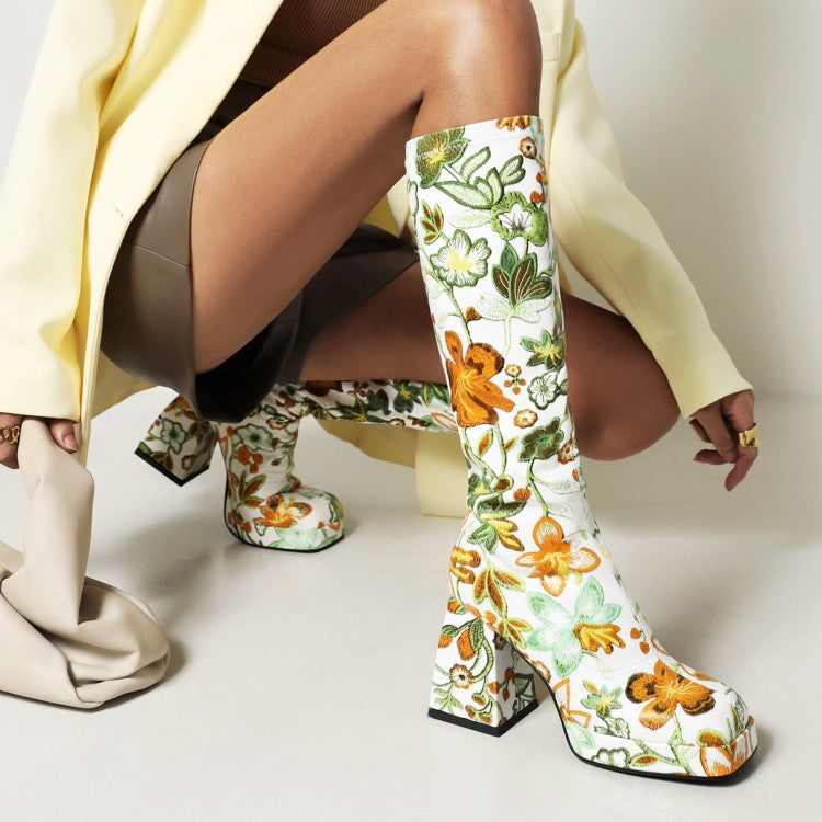 Women Pu Leather Square Toe Flora Printed Block Chunky Heel Platform Knee High Boots