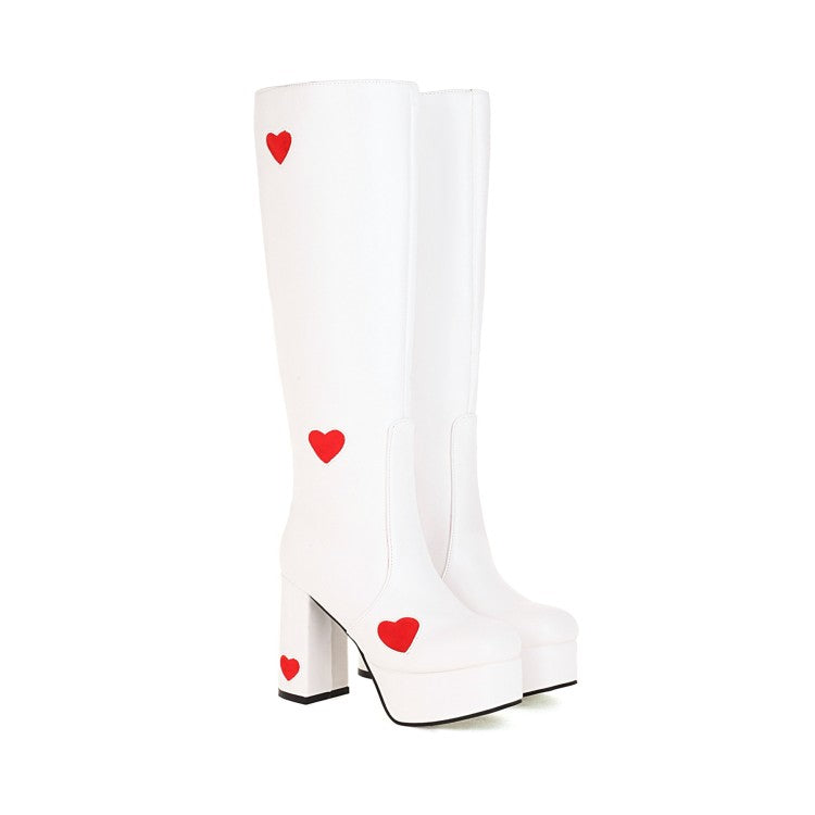 Women Glossy Round Toe Love Hearts Side Zippers Block Chunky Heel Platform Knee High Boots