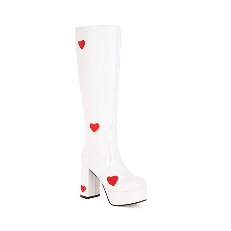 Women Glossy Round Toe Love Hearts Side Zippers Block Chunky Heel Platform Knee High Boots