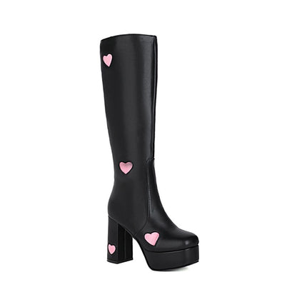 Women Glossy Round Toe Love Hearts Side Zippers Block Chunky Heel Platform Knee High Boots