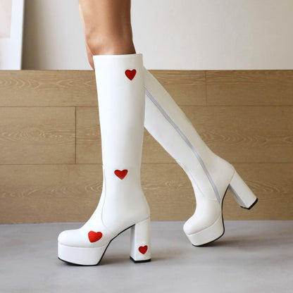 Women Glossy Round Toe Love Hearts Side Zippers Block Chunky Heel Platform Knee High Boots