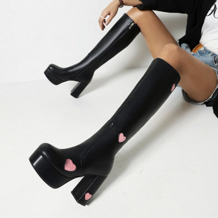 Women Glossy Round Toe Love Hearts Side Zippers Block Chunky Heel Platform Knee High Boots