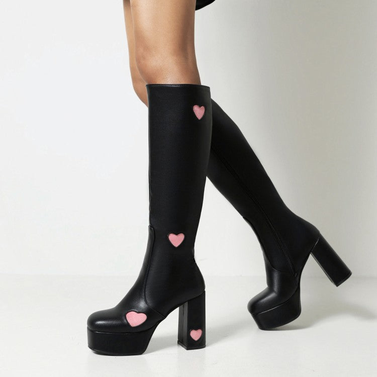 Women Glossy Round Toe Love Hearts Side Zippers Block Chunky Heel Platform Knee High Boots