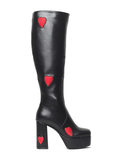 Women Glossy Round Toe Love Hearts Side Zippers Block Chunky Heel Platform Knee High Boots