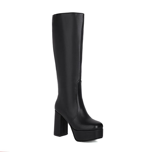 Women Pu Leather Square Toe Side Zippers Block Chunky Heel Platform Knee High Boots