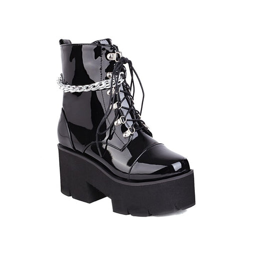 Women Glossy Round Toe Lace Up Metal Chains Block Chunky Heel Platform Short Boots