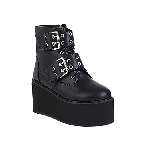 Women Booties Glossy Round Toe Double Buckle Straps Wedge Heel Platform Short Boots