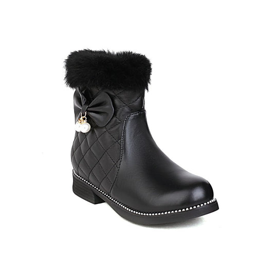 Women Lattice Pu Leather Furry Pearls Bow Tie Short Boots