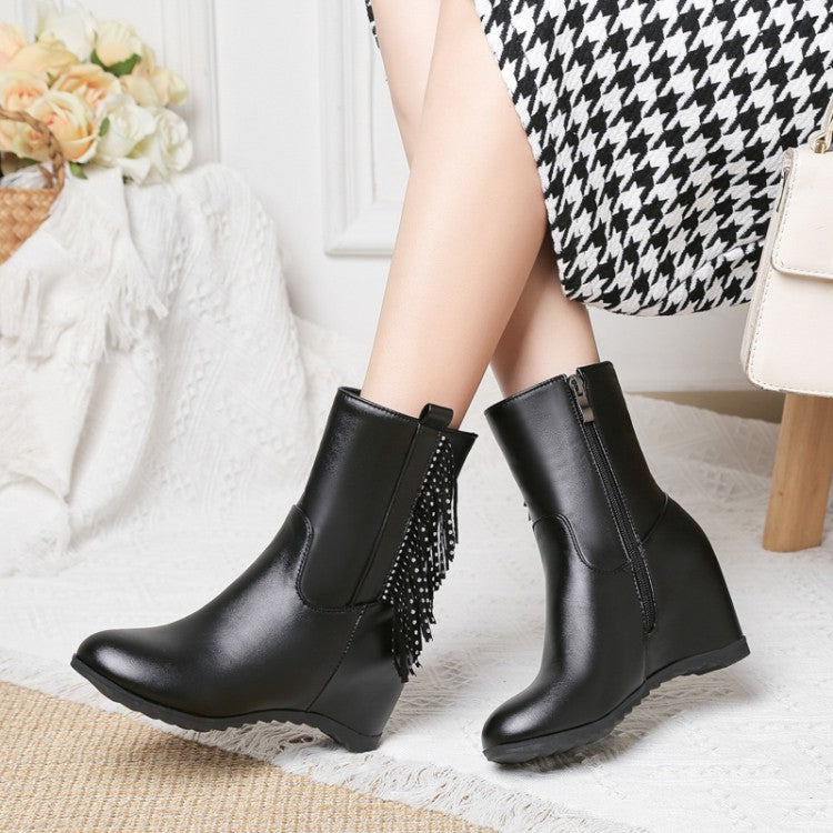 Women Pu Leather Round Toe Inside Heighten String Bead Tassel Wedge Heel Ankle Boots