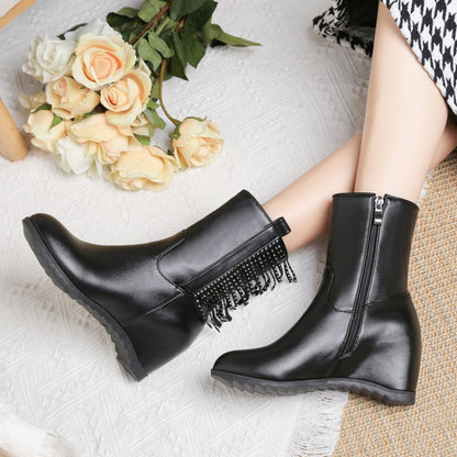 Women Pu Leather Round Toe Inside Heighten String Bead Tassel Wedge Heel Ankle Boots