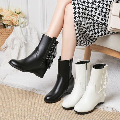 Women Pu Leather Round Toe Inside Heighten String Bead Tassel Wedge Heel Ankle Boots