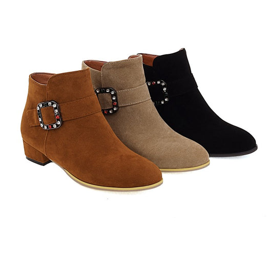 Women Flock Round Toe Side Zippers Rhinestone Buckle Straps Block Chunky Heel Short Boots