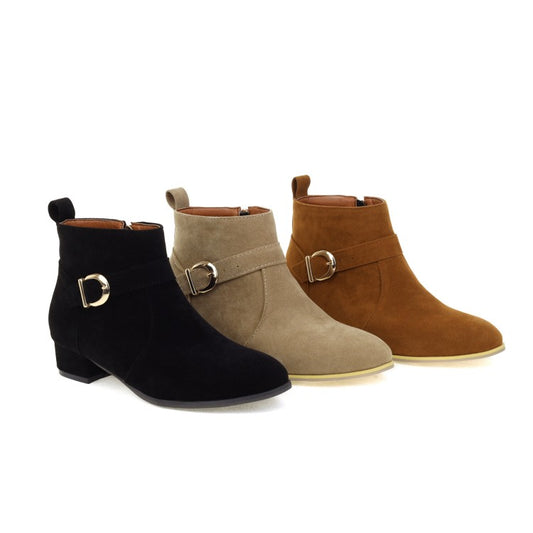 Women Flock Round Toe Side Zippers Buckle Straps Block Chunky Heel Short Boots