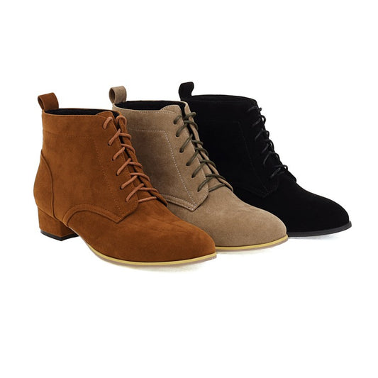 Women Flock Round Toe Lace Up Block Chunky Heel Short Boots