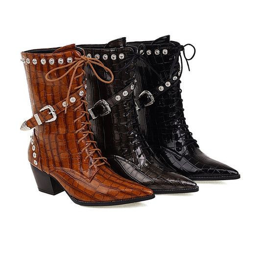 Women
 Crocodile Pattern Pointed Toe Buckles Belts Rivets Block Heel Mid Calf Boots