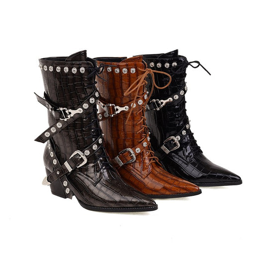 Women
 Crocodile Pattern Pointed Toe Belts Buckles Rivets Puppy Heel Mid Calf Boots