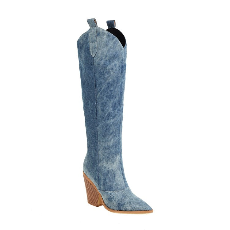 Women Denim Pointed Toe Block Chunky Heel Cowboy Knee High Boots