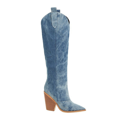 Women Denim Pointed Toe Block Chunky Heel Cowboy Knee High Boots