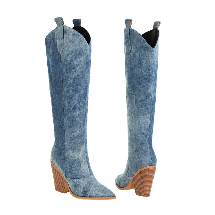 Women Denim Pointed Toe Block Chunky Heel Cowboy Knee High Boots