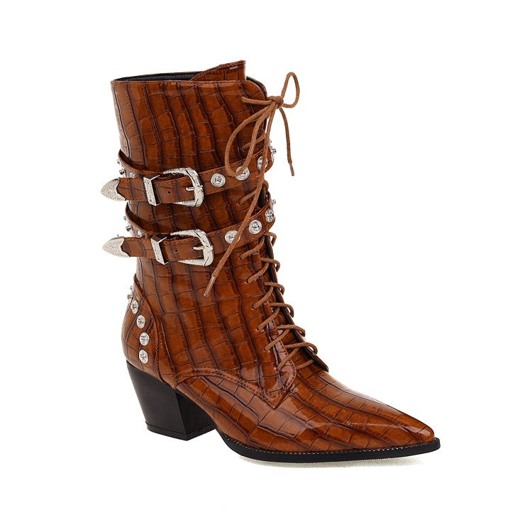 Women Crocodile Pattern Pointed Toe Rivets Block Heel Mid Calf Boots