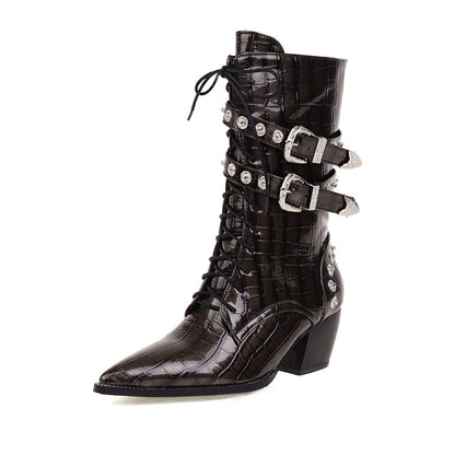 Women Crocodile Pattern Pointed Toe Rivets Block Heel Mid Calf Boots