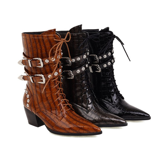 Women Crocodile Pattern Pointed Toe Rivets Block Heel Mid Calf Boots