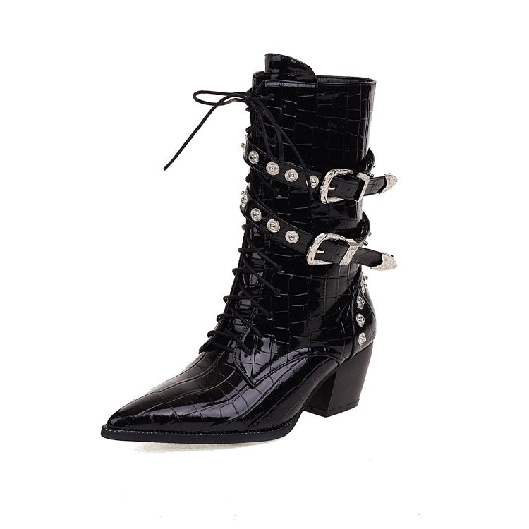 Women Crocodile Pattern Pointed Toe Rivets Block Heel Mid Calf Boots