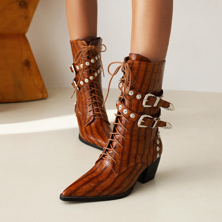 Women Crocodile Pattern Pointed Toe Rivets Block Heel Mid Calf Boots