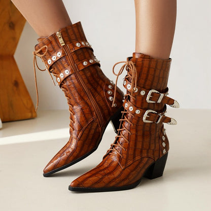 Women Crocodile Pattern Pointed Toe Rivets Block Heel Mid Calf Boots