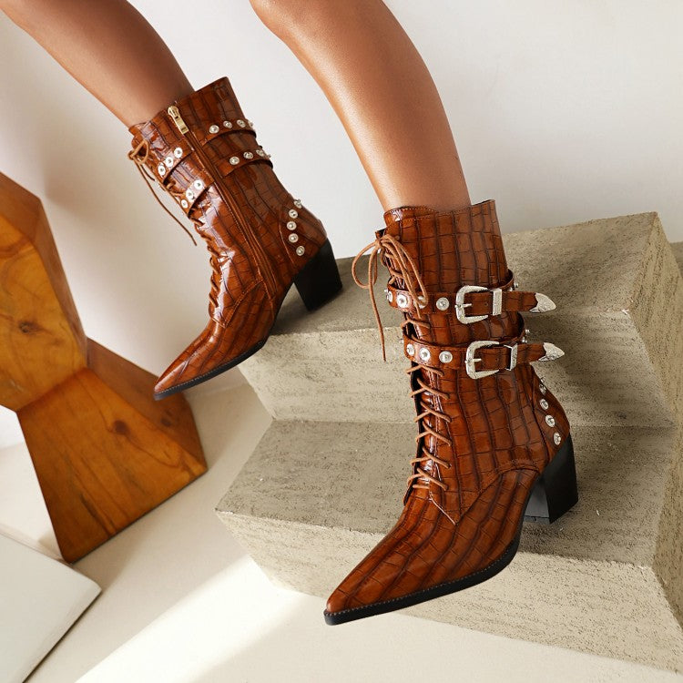 Women Crocodile Pattern Pointed Toe Rivets Block Heel Mid Calf Boots