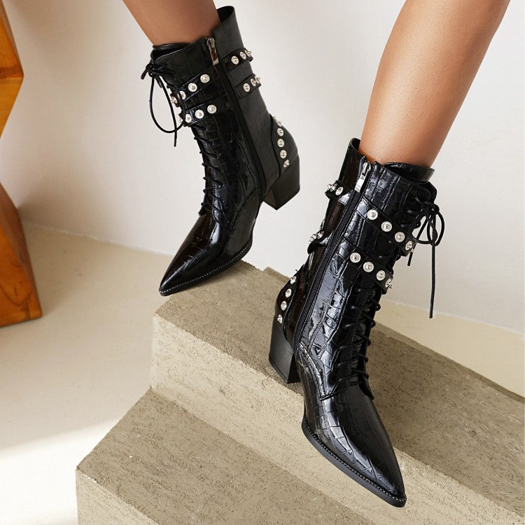 Women Crocodile Pattern Pointed Toe Rivets Block Heel Mid Calf Boots